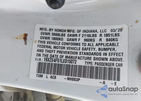 2020 Honda Insight Ex from USA, damaged, VIN 19XZE4F51LE015072